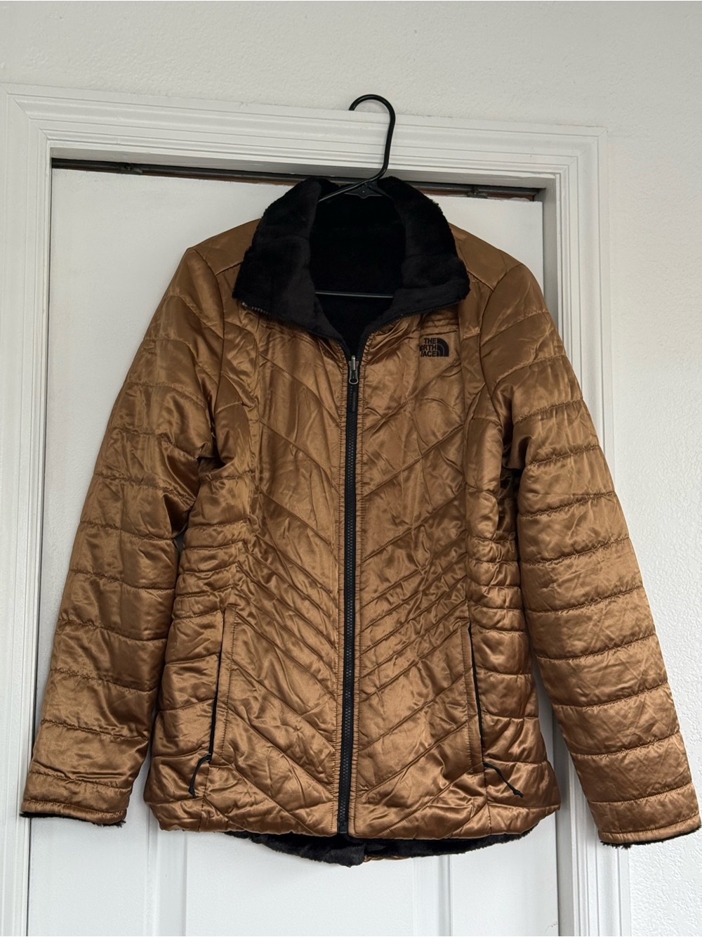 The North Face Women's Quilted Bronze Puffer with Black Fleece Collar Reversible